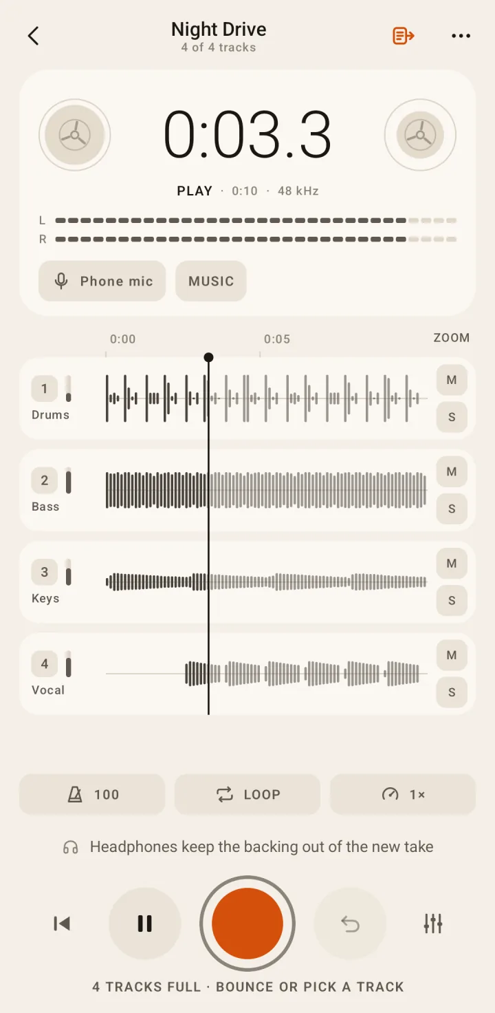 The Night Drive tape in the Paper theme, with all four tracks full