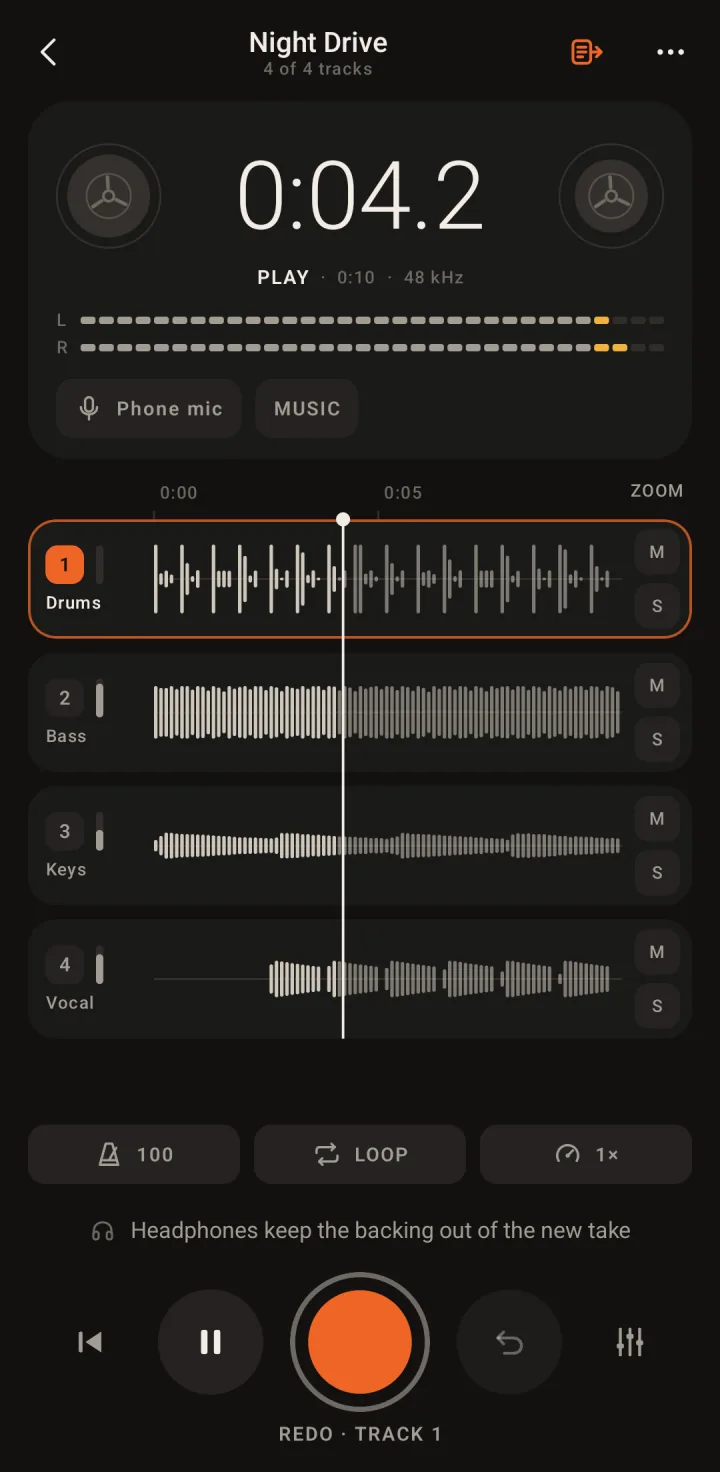TapeDeck playing a tape called Night Drive, with drums, bass, keys and vocal on its four tracks