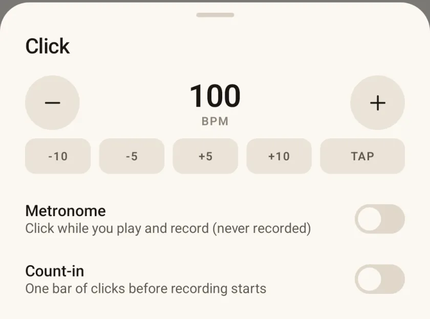 The Click sheet in the Paper theme: 100 BPM with minus and plus buttons, −10, −5, +5, +10 and TAP, and the Metronome and Count-in switches