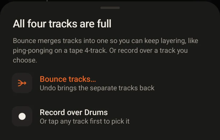 The All four tracks are full sheet: Bounce tracks, which undo can reverse, or Record over Drums