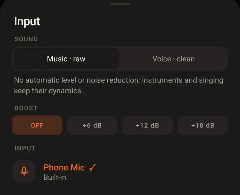 The Input sheet: Music raw or Voice clean, Boost off, +6, +12 or +18 dB, and the built-in phone mic selected