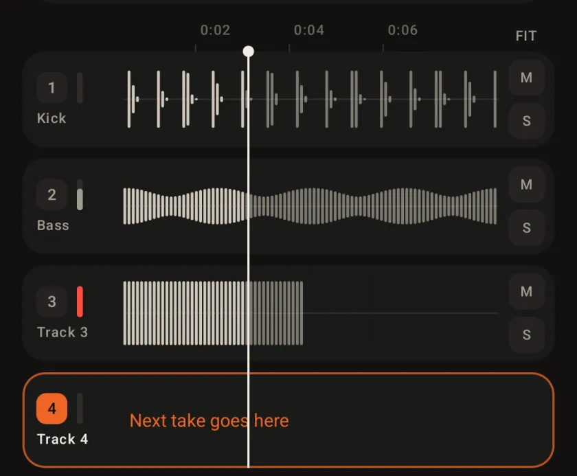The deck zoomed in: Kick, Bass and Track 3 under the tape head, and track 4 outlined in orange with Next take goes here