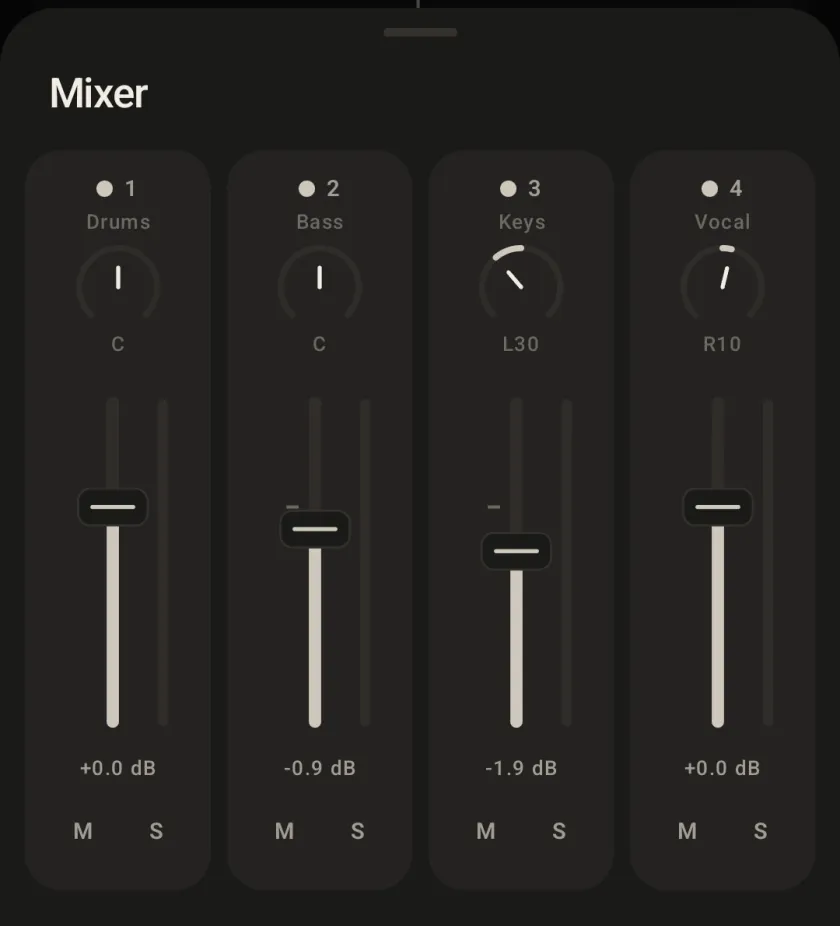 The mixer: four channel strips for Drums, Bass, Keys and Vocal, each with a pan knob, a fader with a meter, and mute and solo