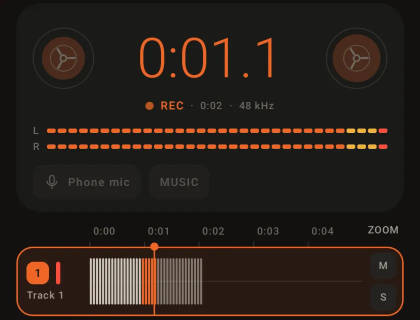 Punching in on track 1: the counter and meters in orange, REC at 48 kHz, and the newly recorded part of the take in orange