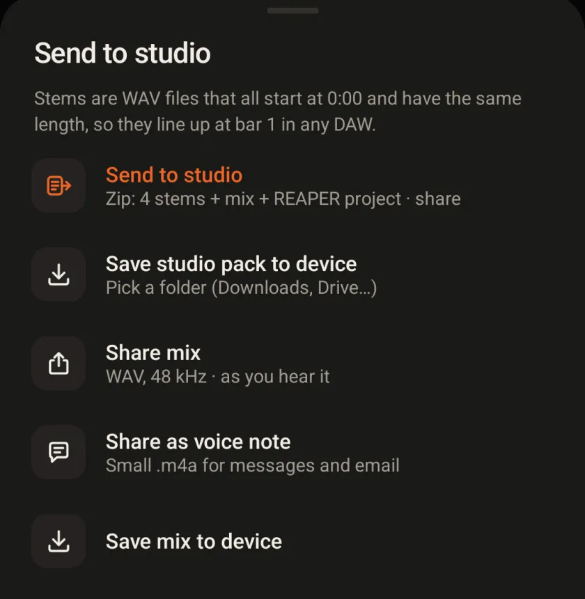 The Send to studio sheet: a zip of 4 stems, the mix and a REAPER project, Save studio pack to device, Share mix, Share as voice note and Save mix to device
