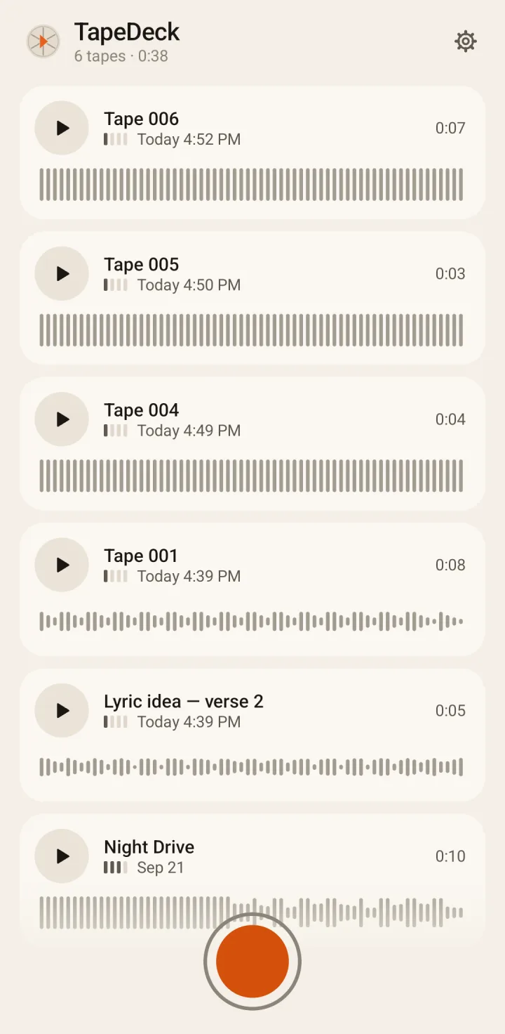 The library in the Paper theme: six tapes with their waveforms, lengths and dates