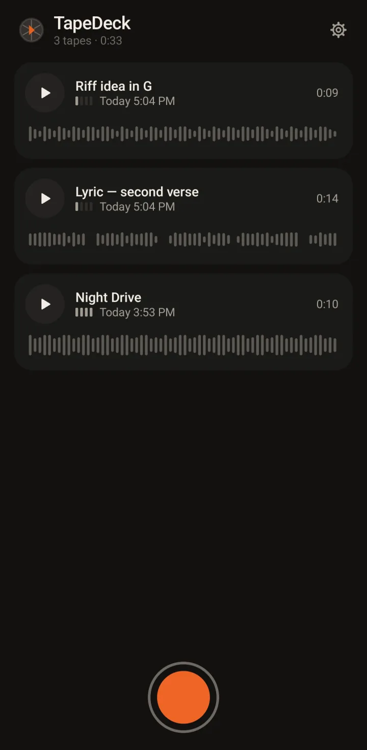 The library: three tapes with waveforms, track counts and dates, and the record button