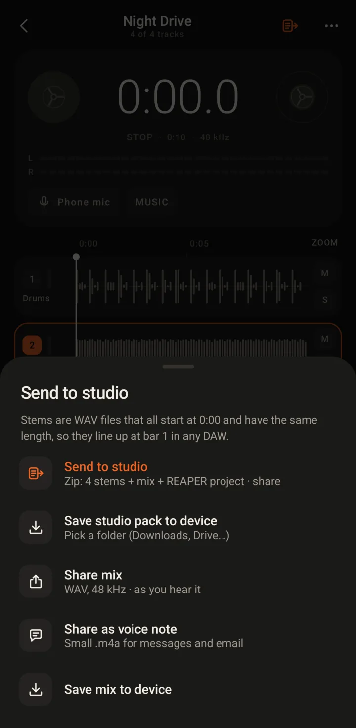 The Send to studio sheet: a zip of four stems, the mix and a REAPER project, or share the mix or a voice note